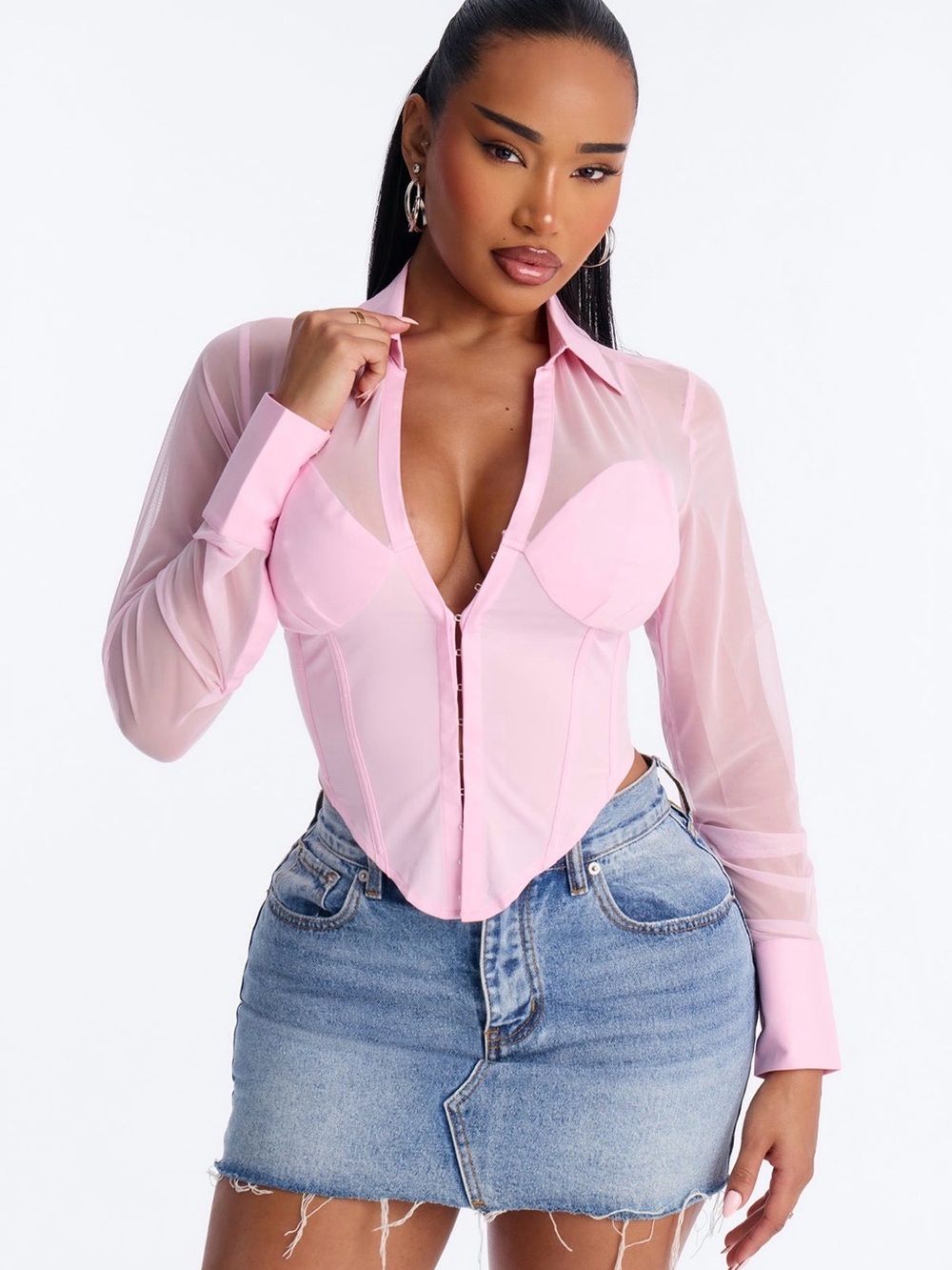 Fashion Nova Pink Sheer Corset Blouse